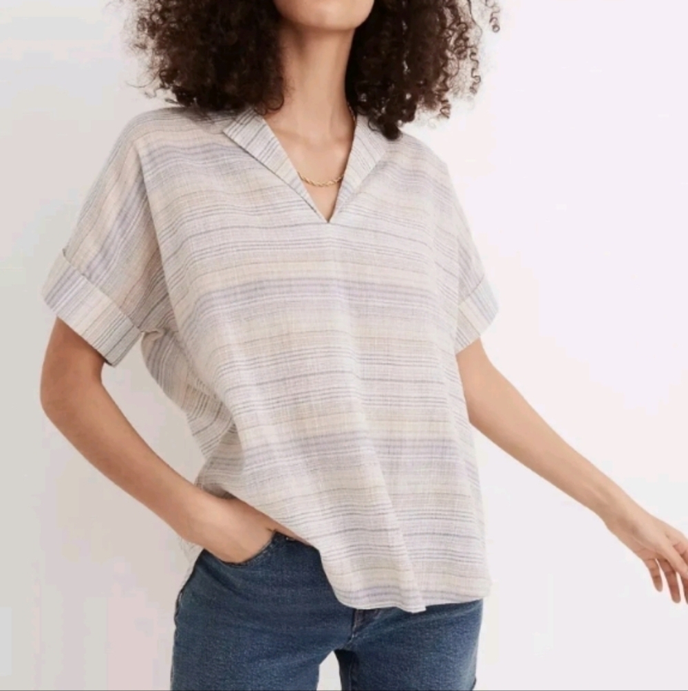 Madewell Crinkle Hayden Popover Striped Top Short Sleeve High Low V Neck sz S